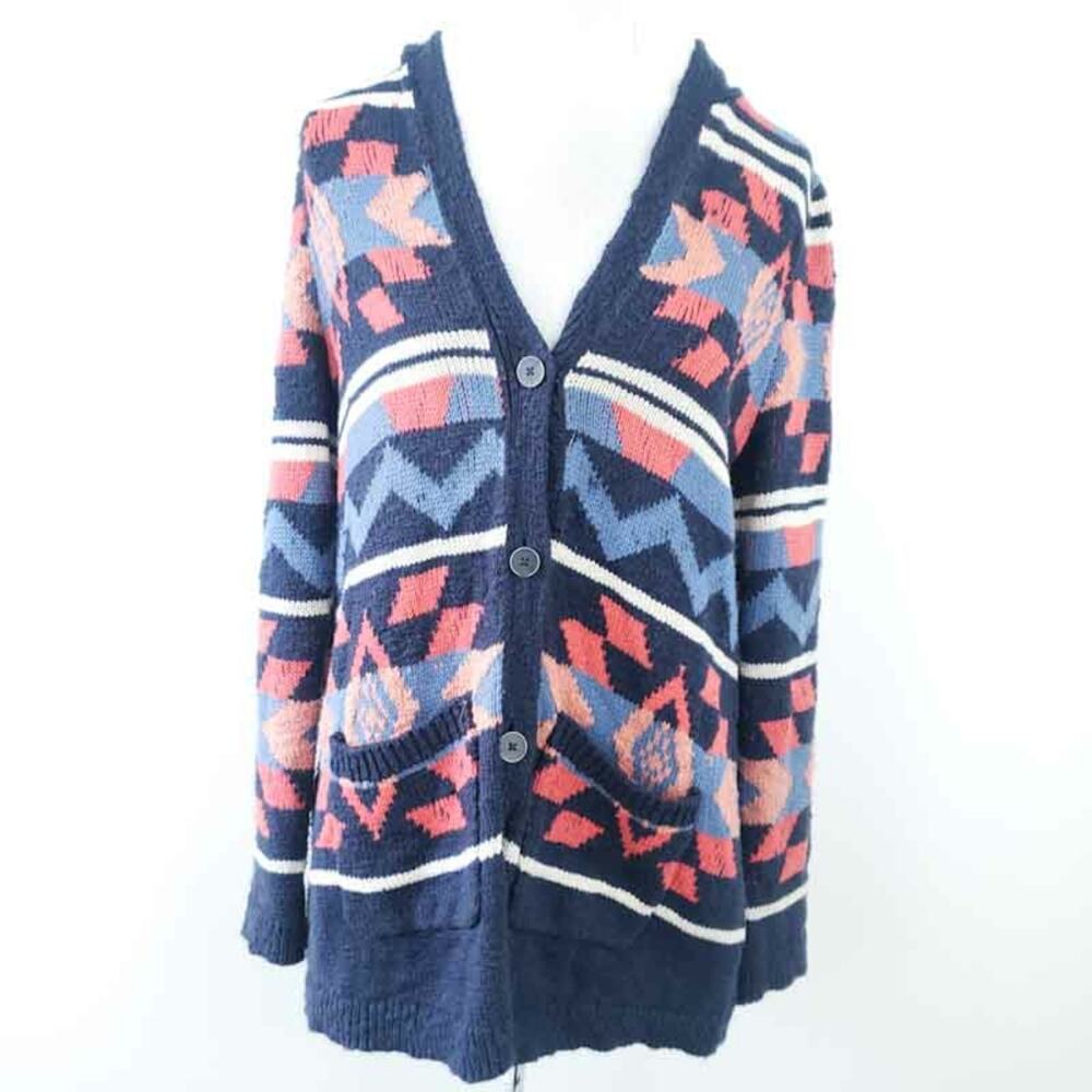 Lucky Brand Sweater Cardigan Aztec Southwest Hooded Navy Pink Women Small